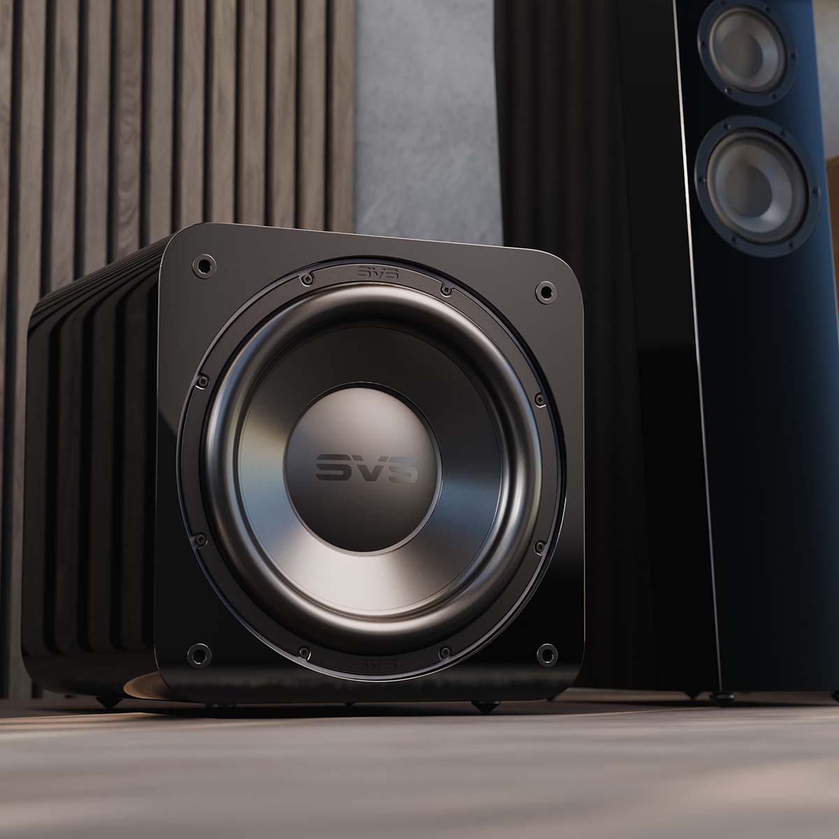 SVS SB-3000 R|Evolution 13" Subwoofer - Piano Gloss - lifestyle photo front view angled right without grille