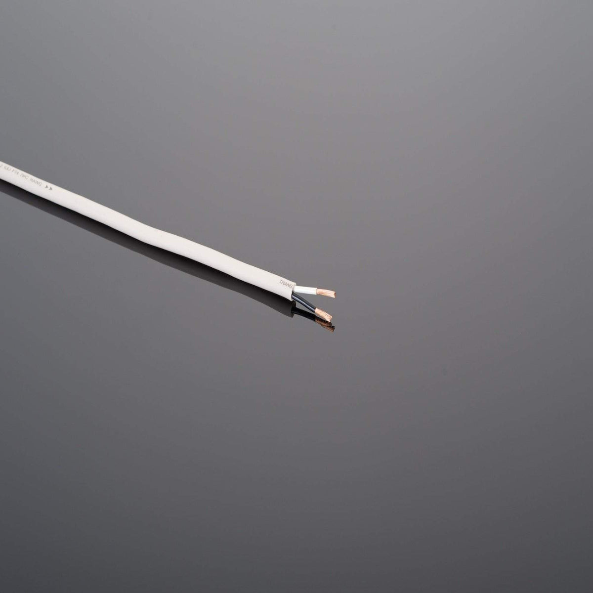 White cable with exposed copper wires on a dark gray background