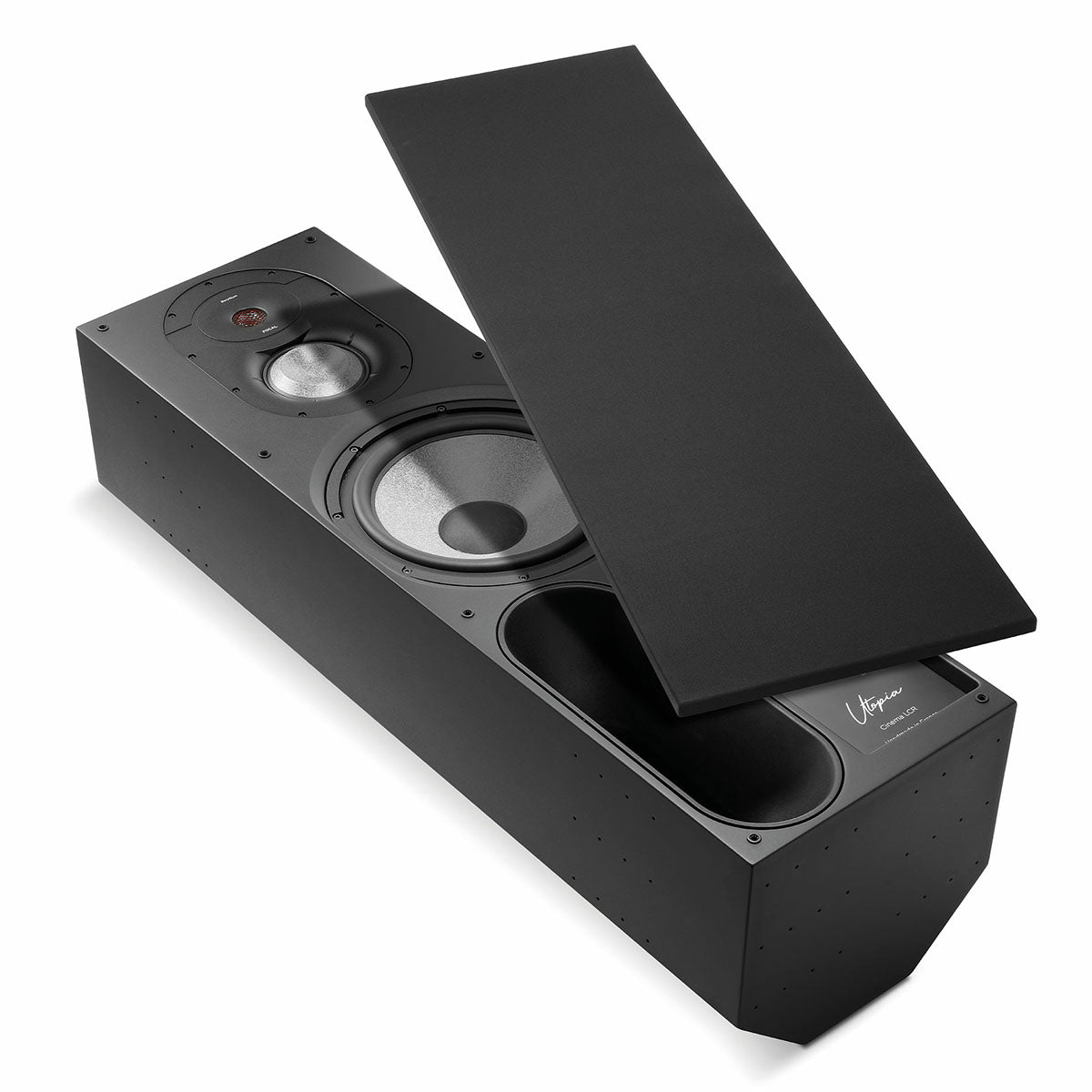Focal Utopia Cinema LCR 3-Way Home Theater Loudspeaker horizontal orientation flat on ground with grille partially covering speaker