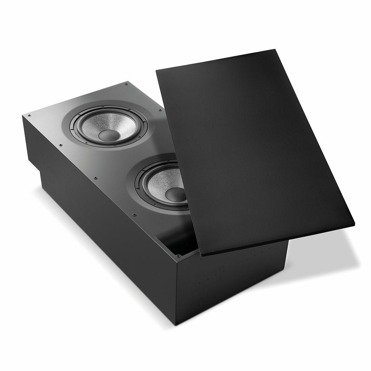 Focal Utopia Cinema SUB Subwoofer horizontal orientation laying flat with grille partially covering speaker