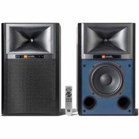 JBL 4329P Powered Studio Monitor - Pair - black front view of pair with remote