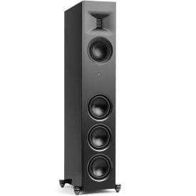 MartinLogan Motion XT F100 Floorstanding Speaker in black, angled view without grilles on white background