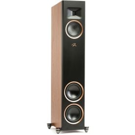 MartinLogan Motion XT F20 Floorstanding Speaker in walnut, angled view without grilles on white background