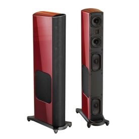 GoldenEar T66 Floorstanding Loudspeaker - Santa Barbara Red - Each front view of pair, one with grille, one without grille