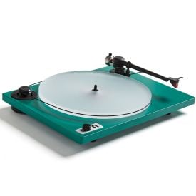 U-Turn Orbit Special Turntable in green on white background w/ acrylic platter