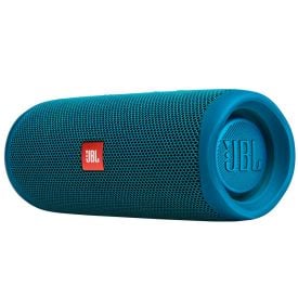 Angled view JBL Flip 5 Eco Edition Waterproof Bluetooth Speaker - Ocean Blue