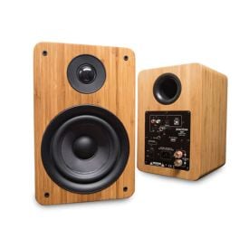 Peachtree M25 Powered Speakers - Bamboo pair - front and angled rear views