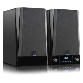 SVS Prime Wireless Pro Powered Speakers - Pair - angled front view of pair with grilles