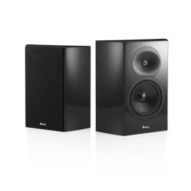 Revel Concerta2 S16 On-Wall Loudspeaker - black pair - angled front views, with grille, and without grille