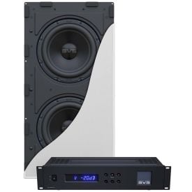SVS 3000 In-Wall Subwoofer front view with cutaway grill and DSP amp