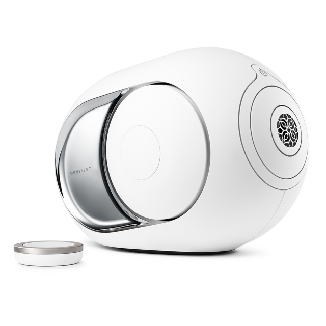 Devialet Phantom I Wireless Speaker, Light Chrome, front angle with remote