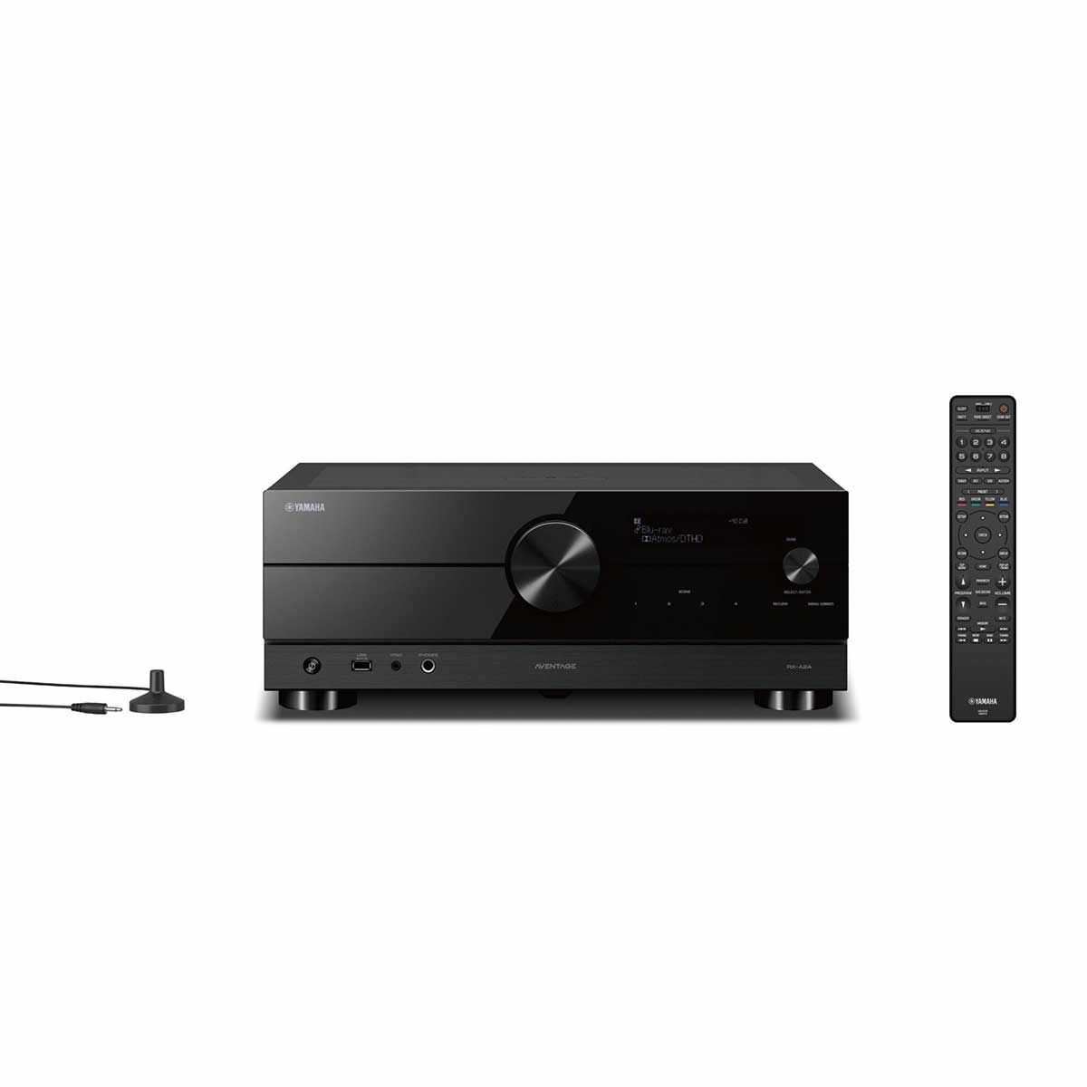Yamaha Aventage RX-A2A A/V Home Theater Receiver, Black, front view with remote and IR transmitter