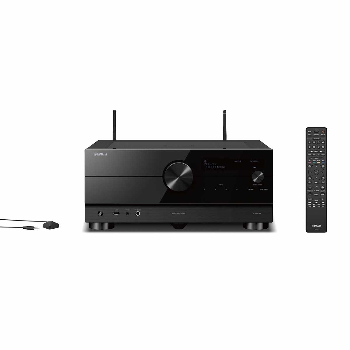 Yamaha Aventage RX-A4A 7.2-Channel A/V Receiver, Black, front view with remote and IR transmitter, rear antenna attached