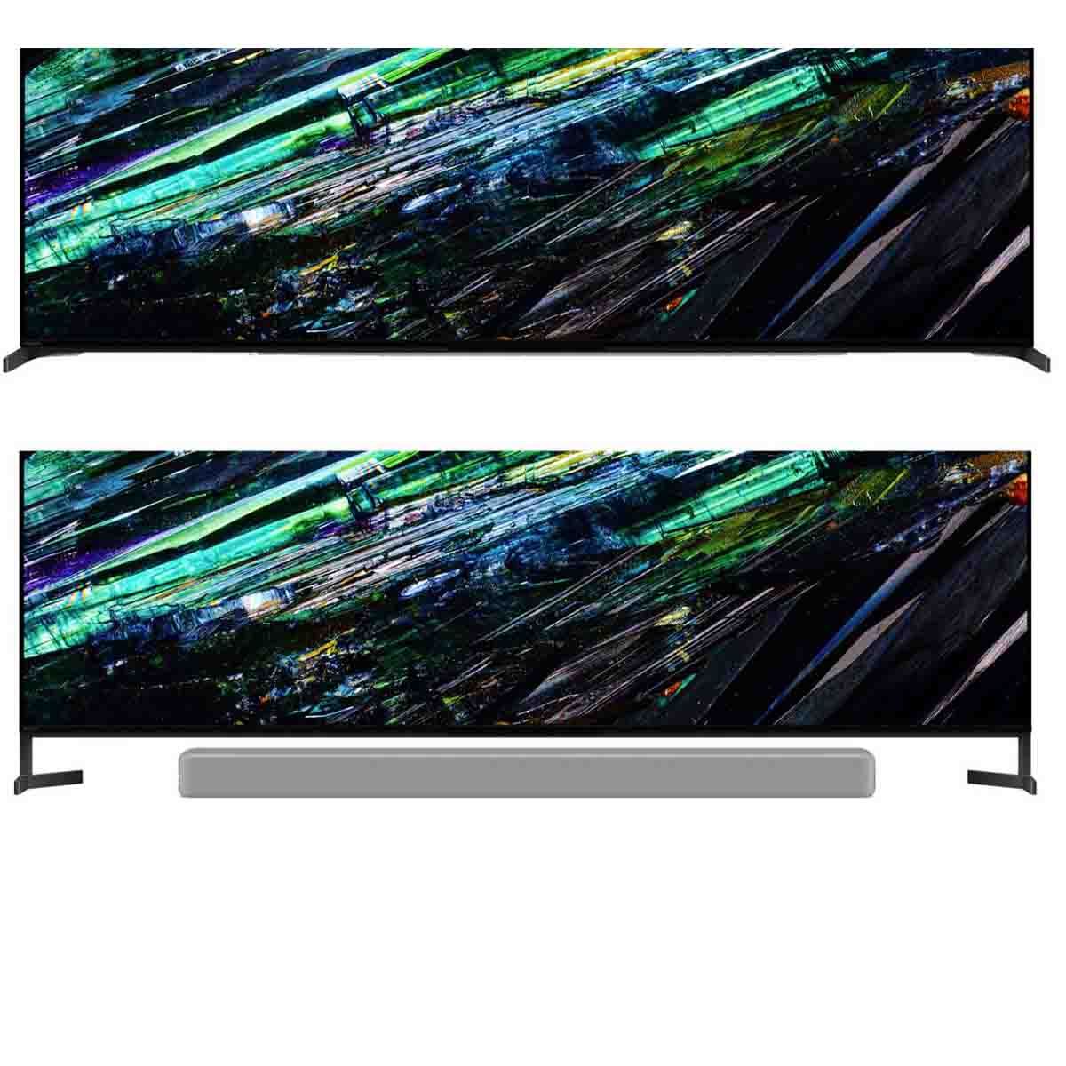 Sony BRAVIA XR A95L QD-OLED 4K HDR Google TV (2023) comparison view with and without soundbar