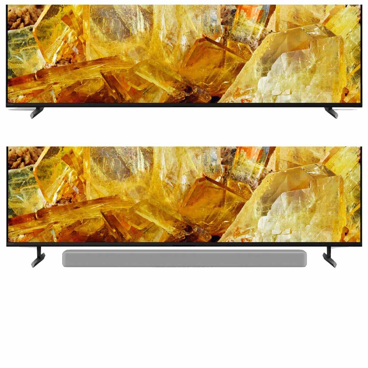 Sony BRAVIA XR X90L Full Array LED 4K HDR Google TV (2023) zoomed lower front views - comparison without and with soundbar