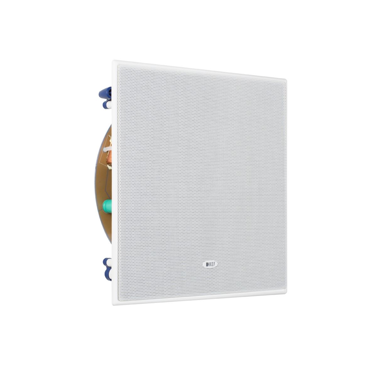 KEF Ci200QSb-THX Extreme In-Wall or In-Ceiling Subwoofer THX Ultra2 - Select2 - White - Pair - angled front view with grille