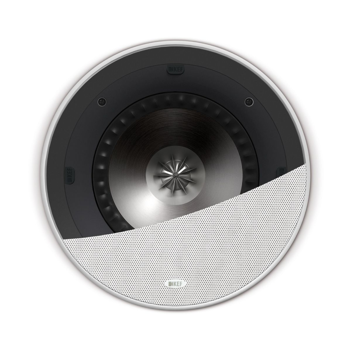 KEF Ci200RR-THX Extreme In-Ceiling THX Ultra2 Speaker - White - Each - front view with cutaway of grille