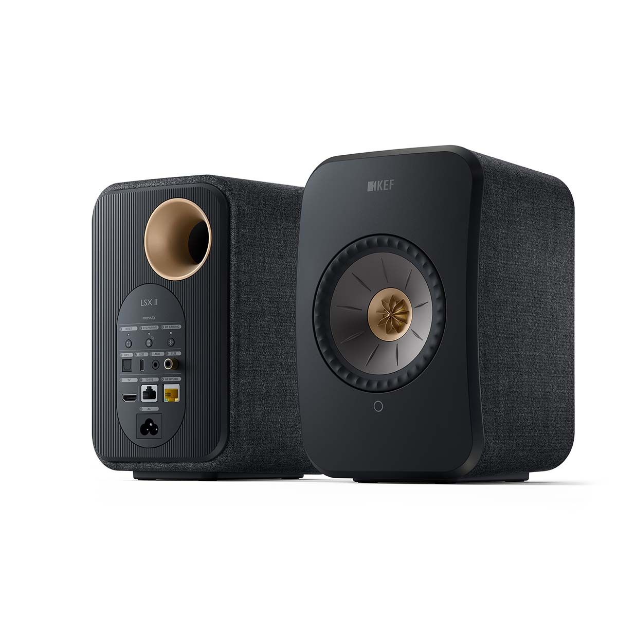 KEF LSX II Wireless HiFi Speakers - angled view showing front and rear of speakers