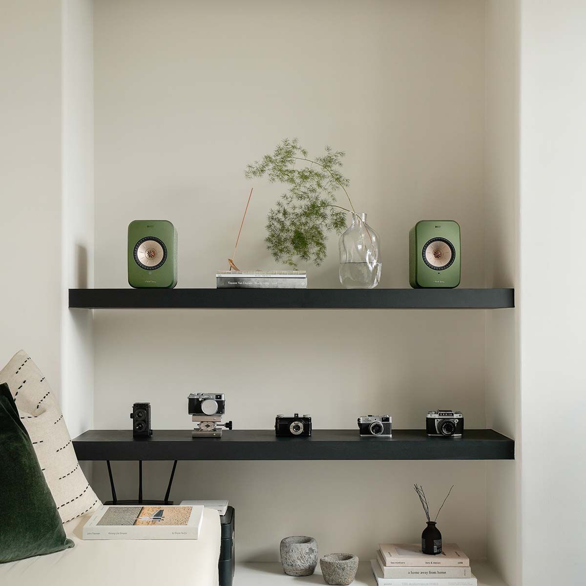 KEF LSX II Wireless HiFi Speakers - Olive Green - on decorative shelf