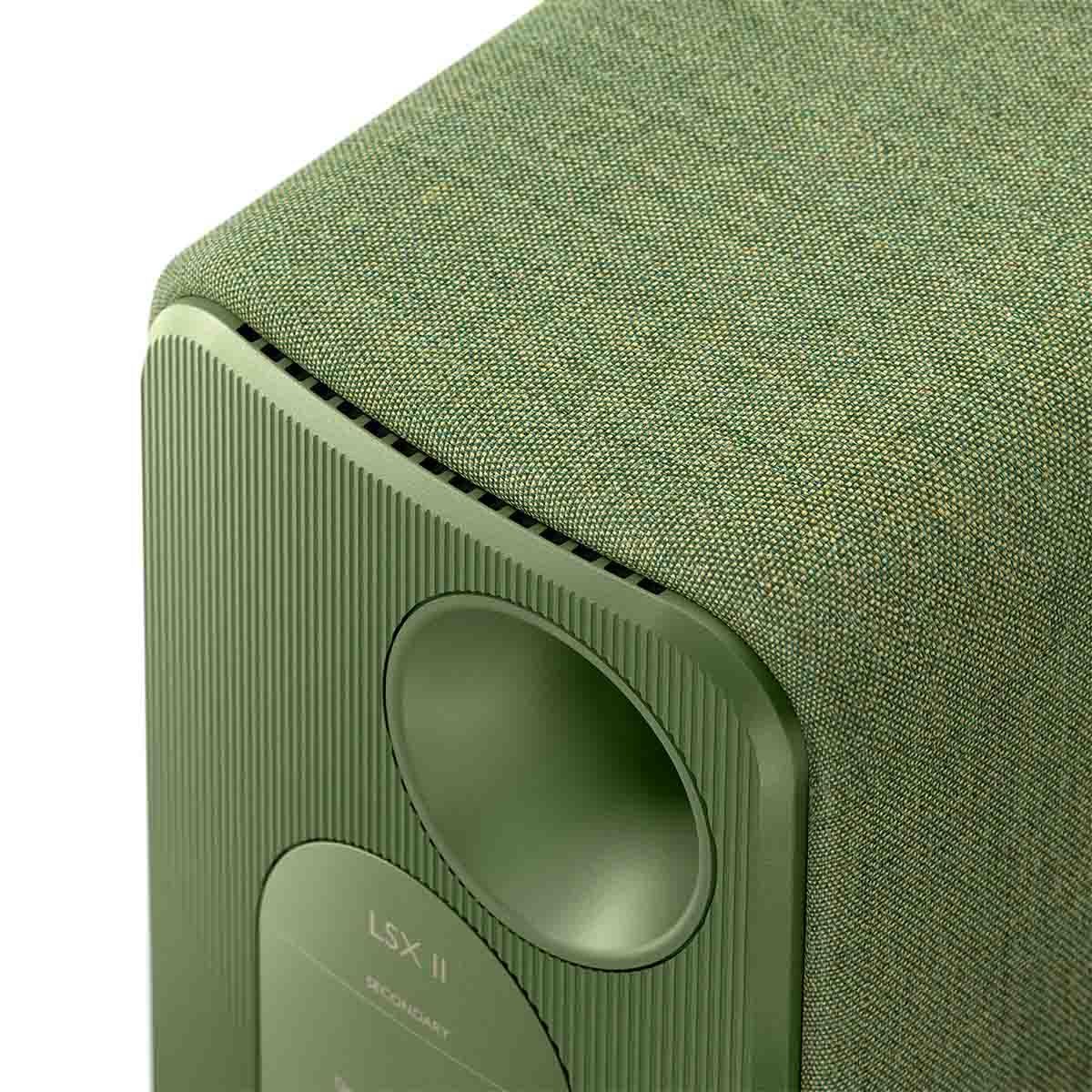 KEF LSX II Wireless HiFi Speakers - Olive Green - close-up of rear port