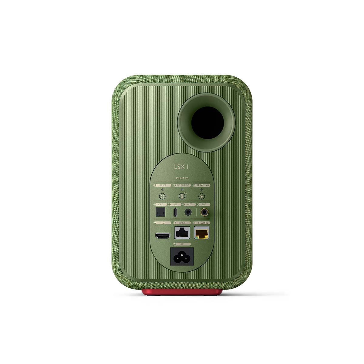 KEF LSX II Wireless HiFi Speakers - Olive Green - rear view of primary speaker