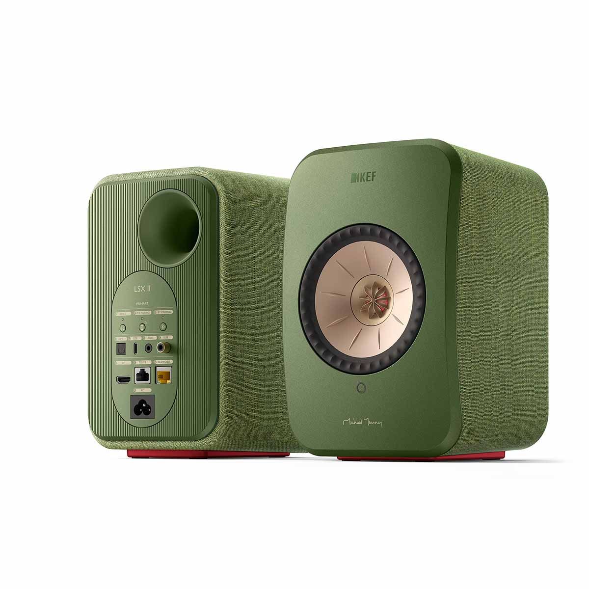 KEF LSX II Wireless HiFi Speakers - Olive Green - angled front view of pair showing front and rear