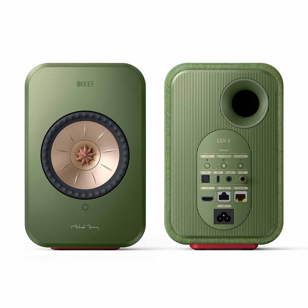 KEF LSX II Wireless HiFi Speakers - Olive Green - front view of pair showing front and rear