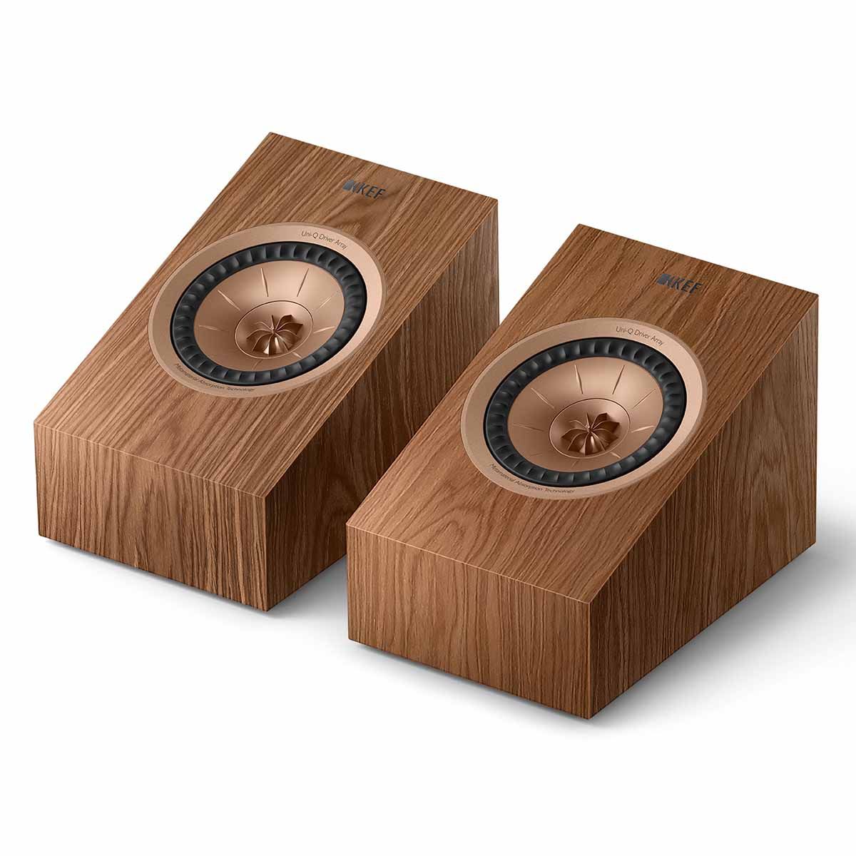 KEF R8 Meta Surround Speakers - Pair walnut angled front view without grilles