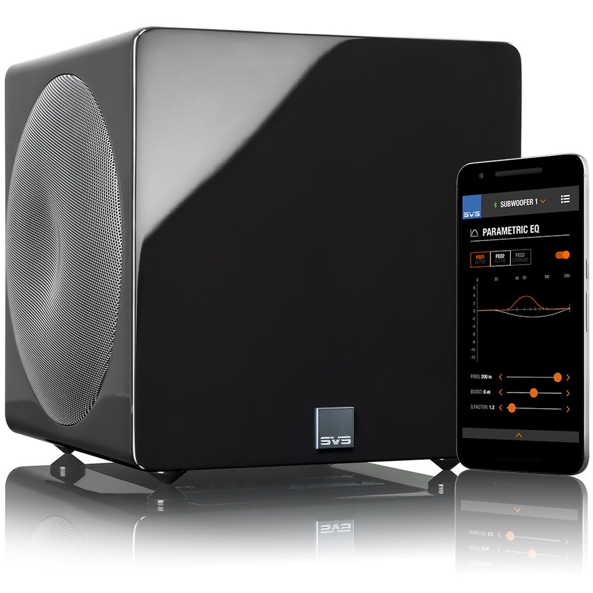 SVS 3000 Micro Subwoofer, Front angle with smartphone EQ app
