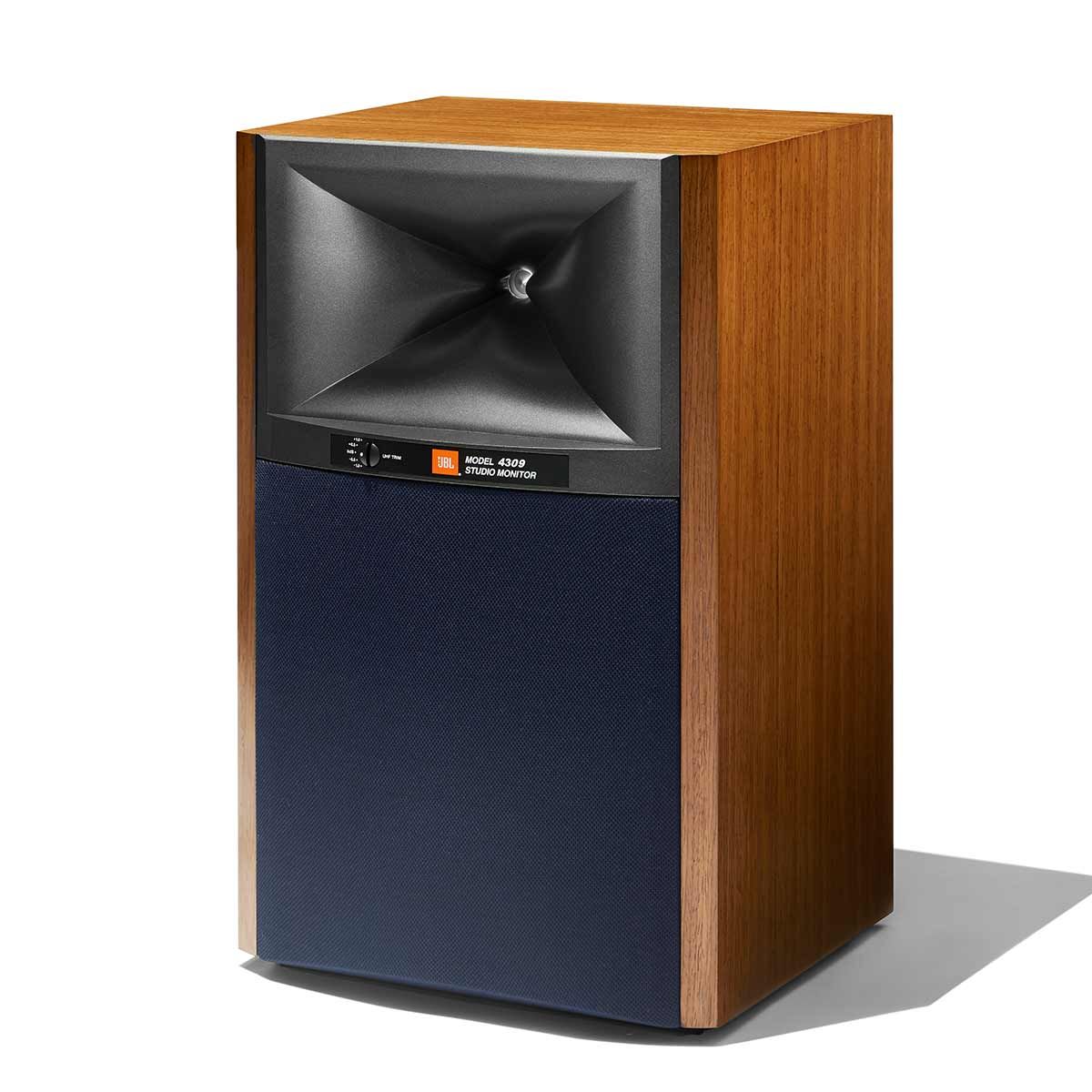 JBL Synthesis 4309 Bookshelf Speakers, Walnut, front angle view with grille