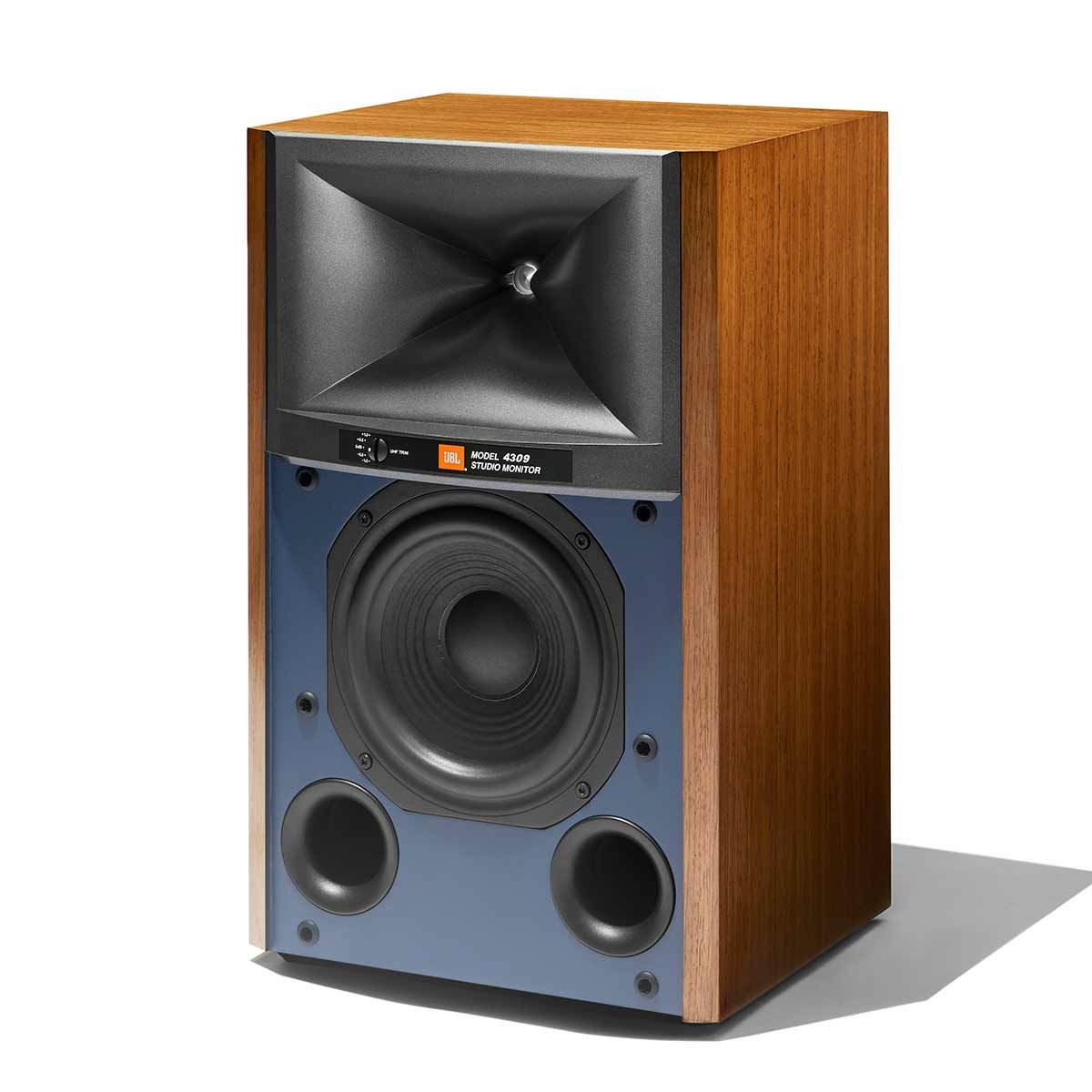 JBL Synthesis 4309 Bookshelf Speakers, Walnut, front angle view without grille