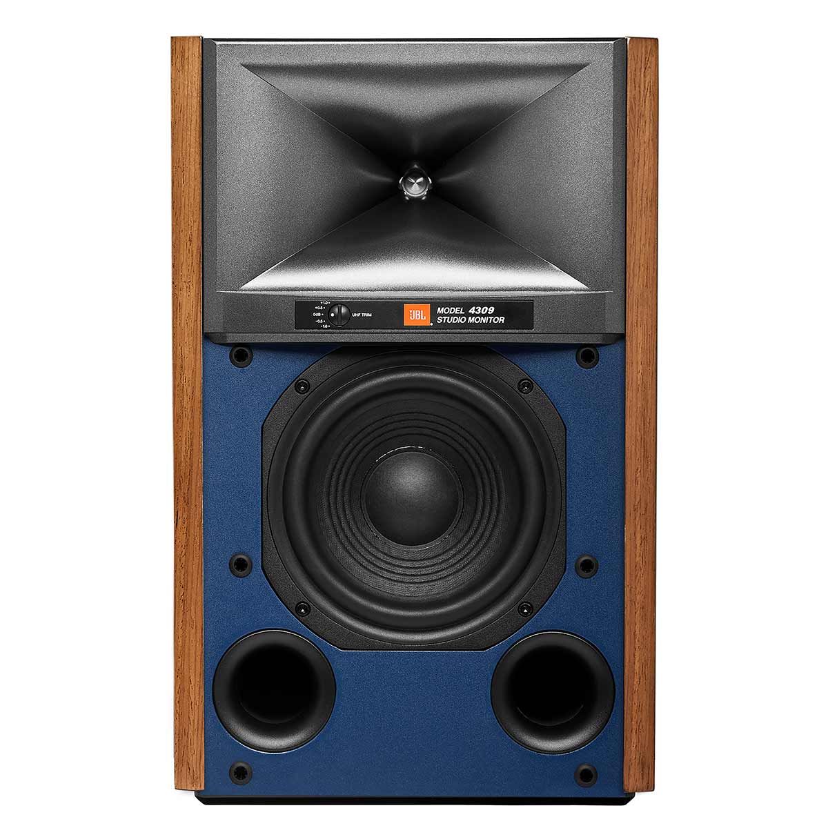 JBL Synthesis 4309 Bookshelf Speakers, Walnut, front view without grille