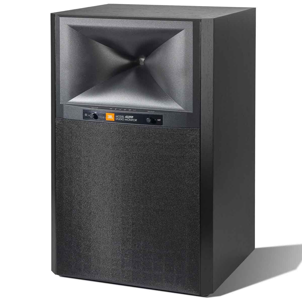 JBL 4329P Powered Studio Monitor - Pair - black angled front right view with grille