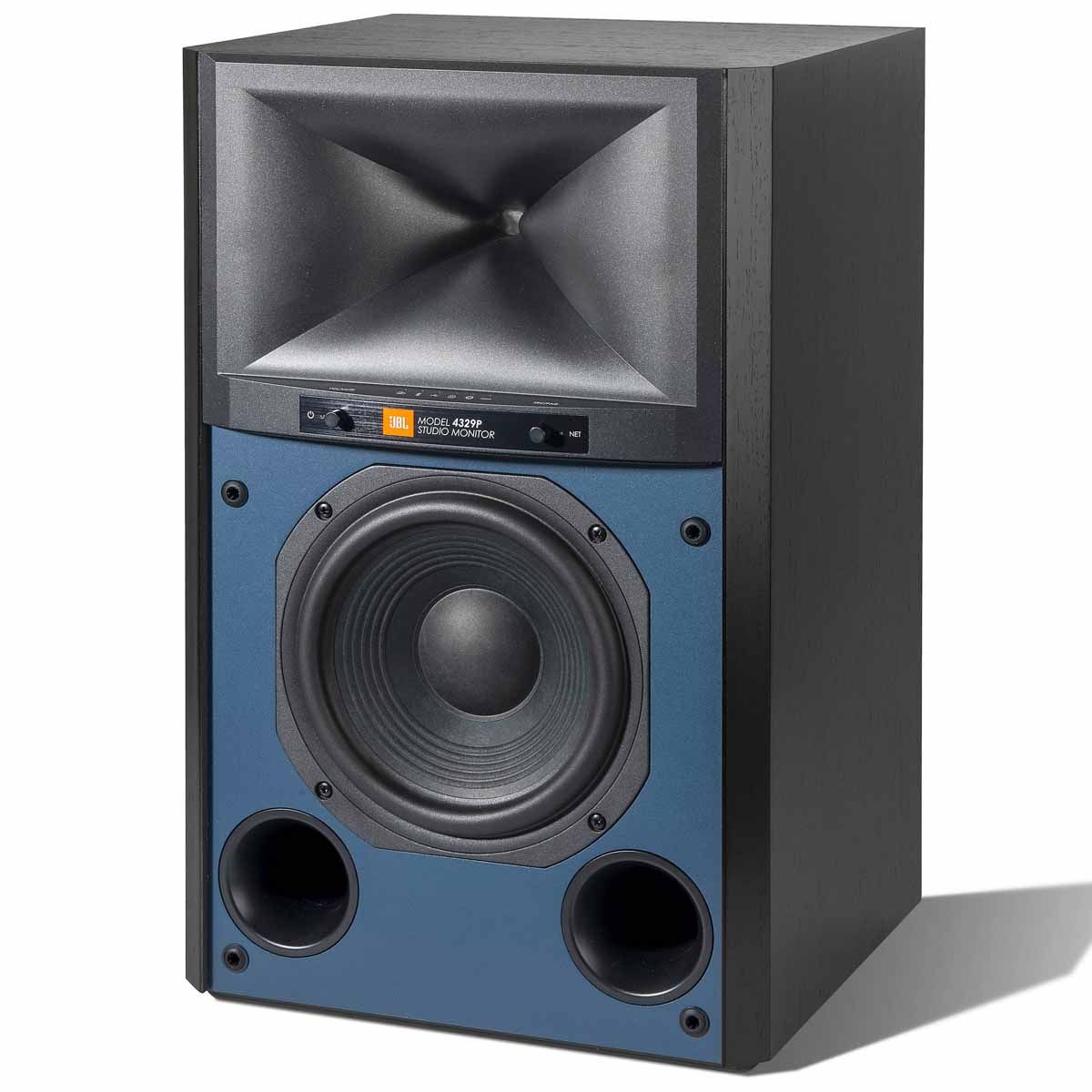 JBL 4329P Powered Studio Monitor - Pair - black angled front right view without grille