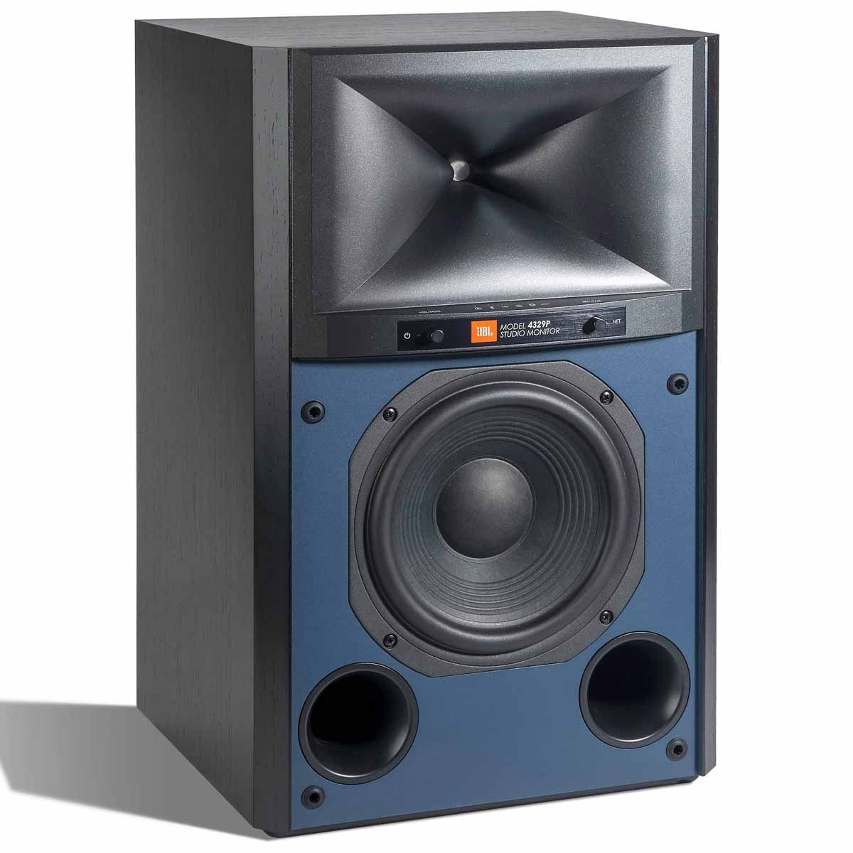 JBL 4329P Powered Studio Monitor - Pair - black angled front left view without grille