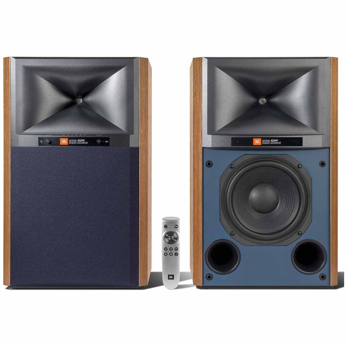 JBL 4329P Powered Studio Monitor - Pair - walnut front view of pair with remote
