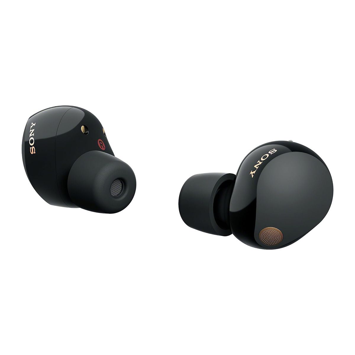 Sony WF-1000XM5 Truly Wireless Noise Canceling Earbuds - black - side angled view of two earbuds