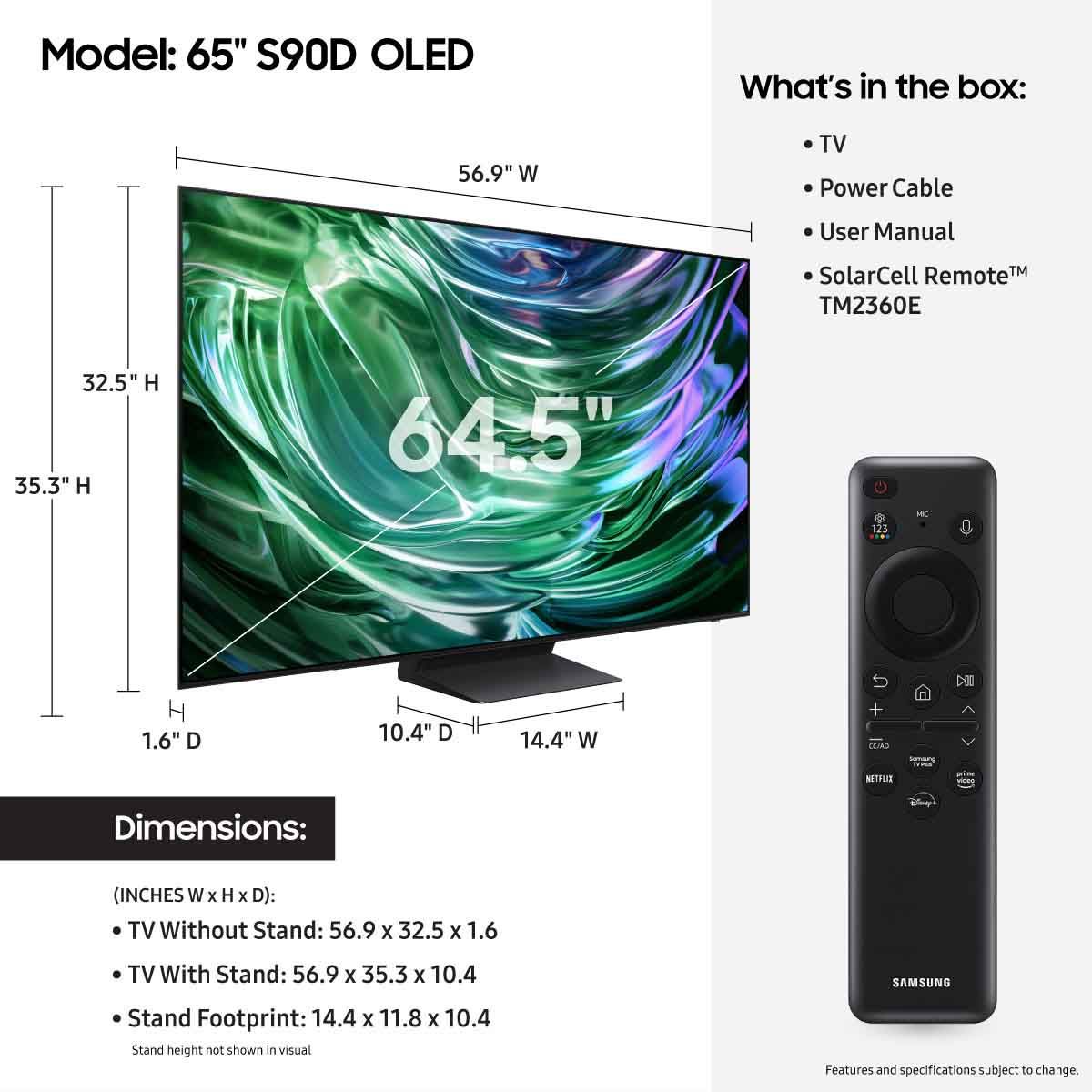 Samsung S90D OLED 4K Smart TV - 65" - dimensions and what's in the box