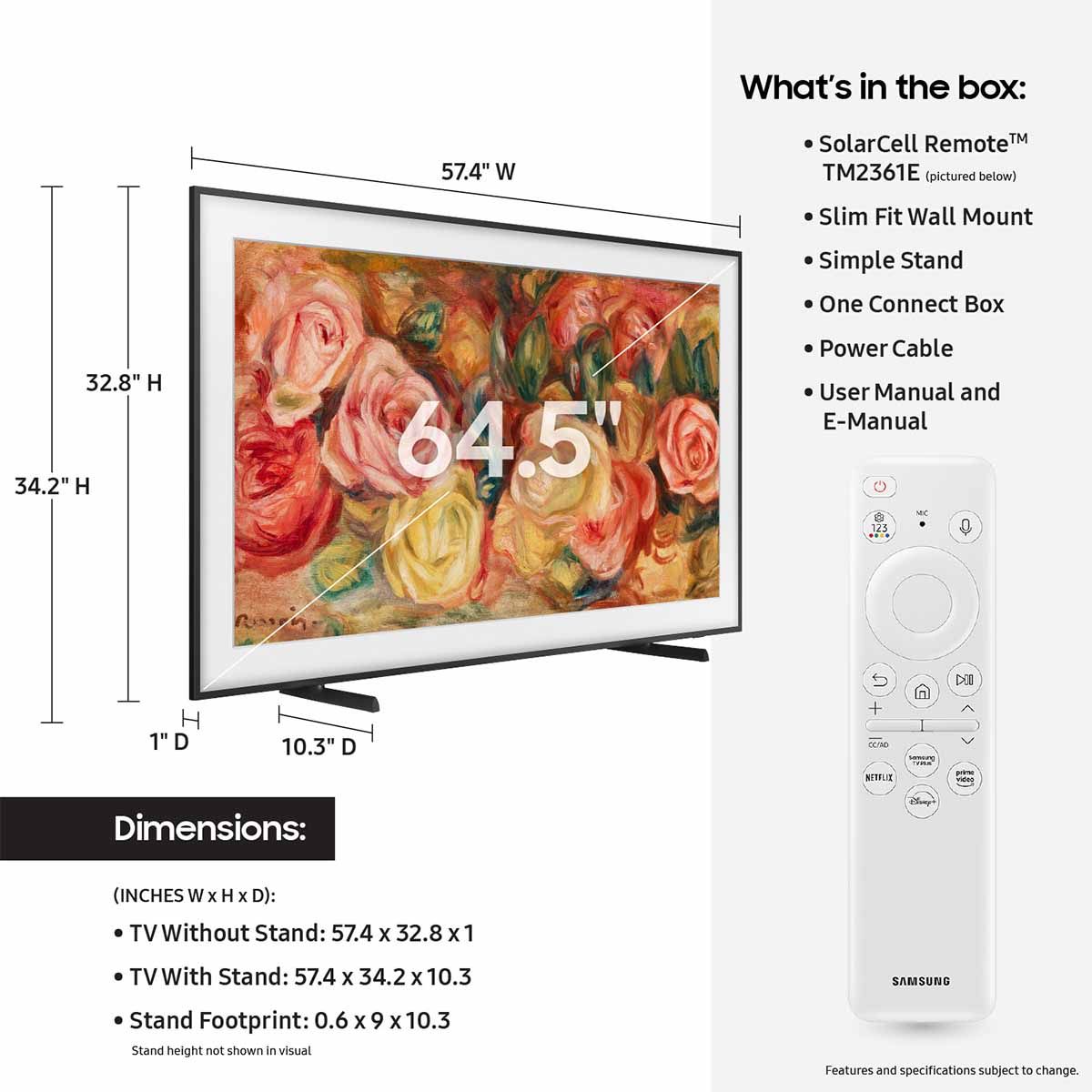 Samsung LS03D The Frame QLED HDR Smart TV - 65" with stand - dimensions and what's in the box