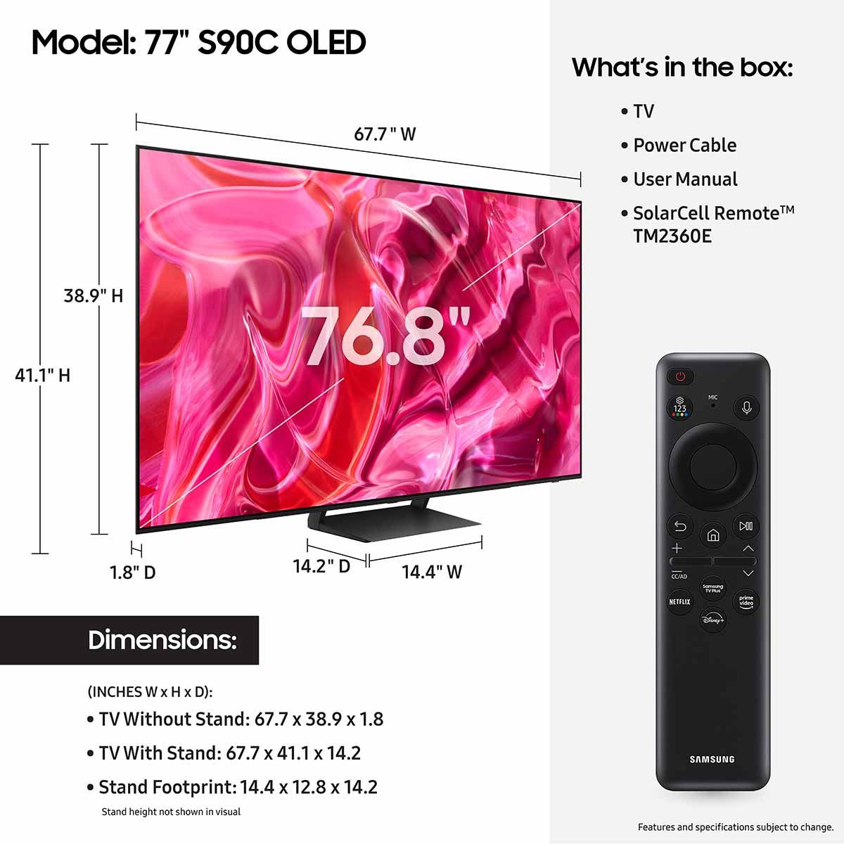 Samsung S90C OLED 4K Smart TV (2023) technical drawings - 77"