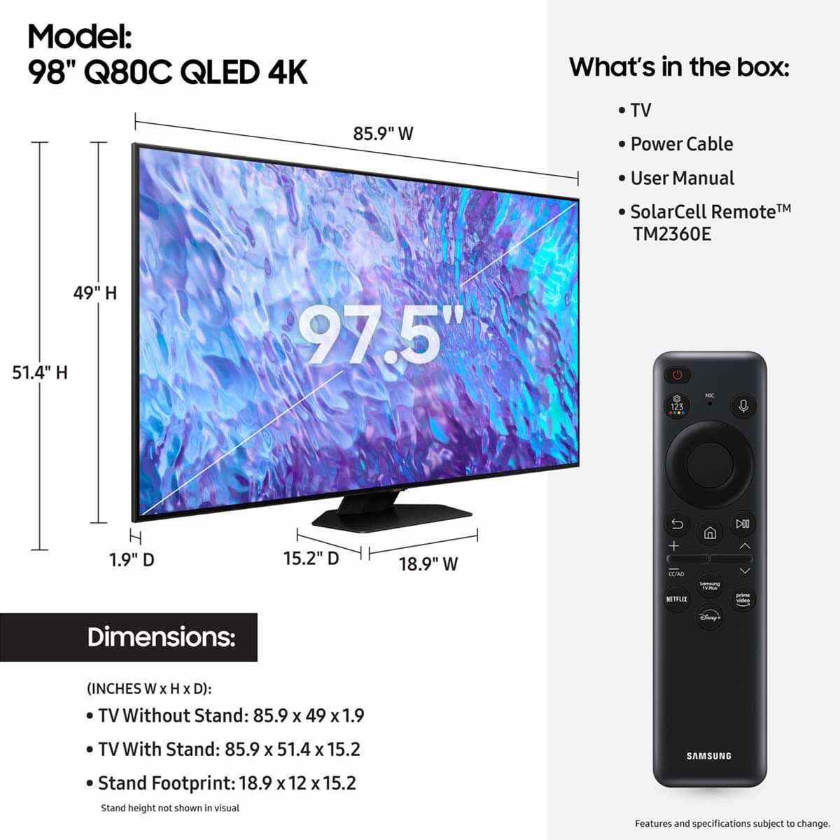 Samsung Q80C QLED 4K Smart TV (2023) - 98" - dimensions and what's in the box