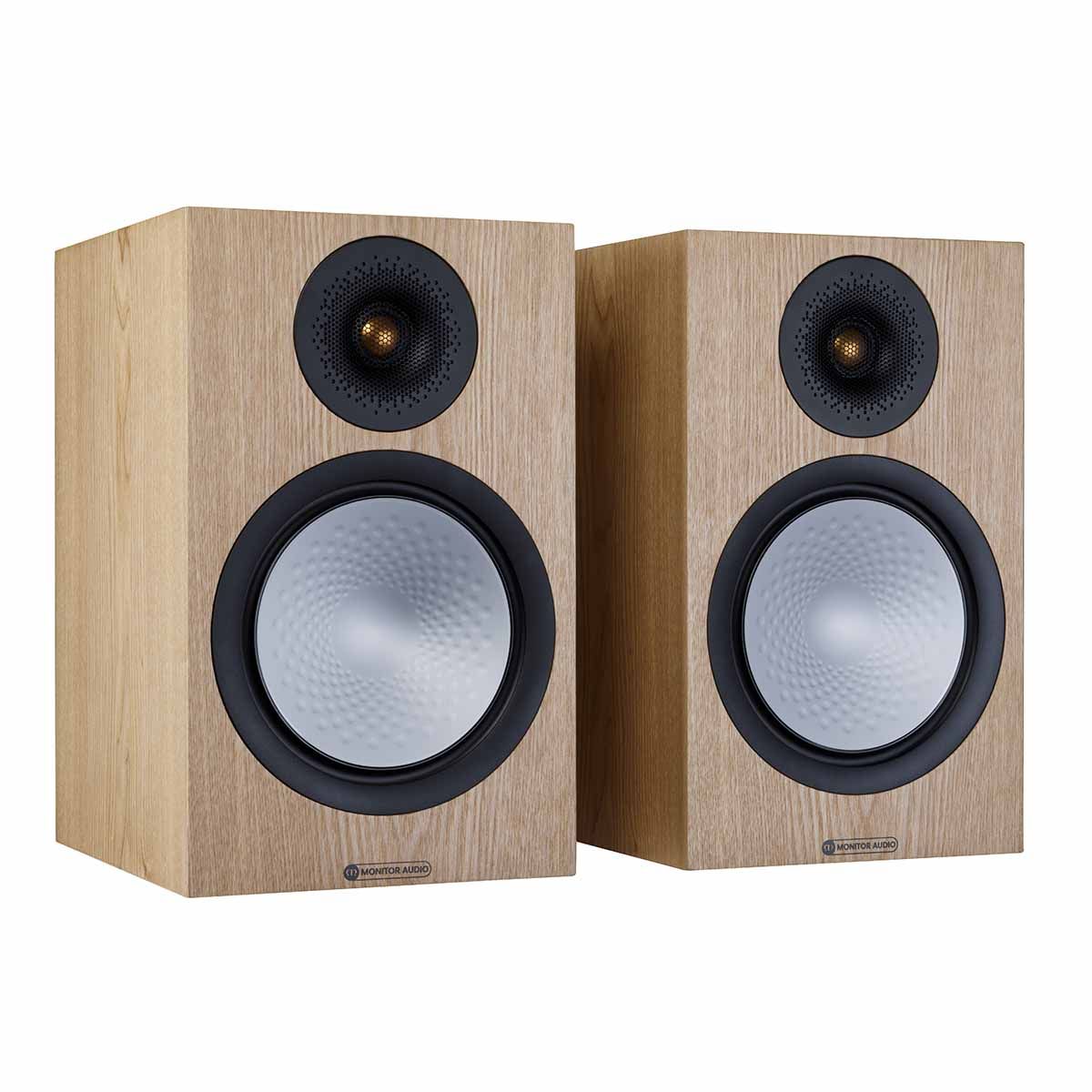 Monitor Audio Silver 100 7G Bookshelf Speakers, Ash, front angle with both grilles off