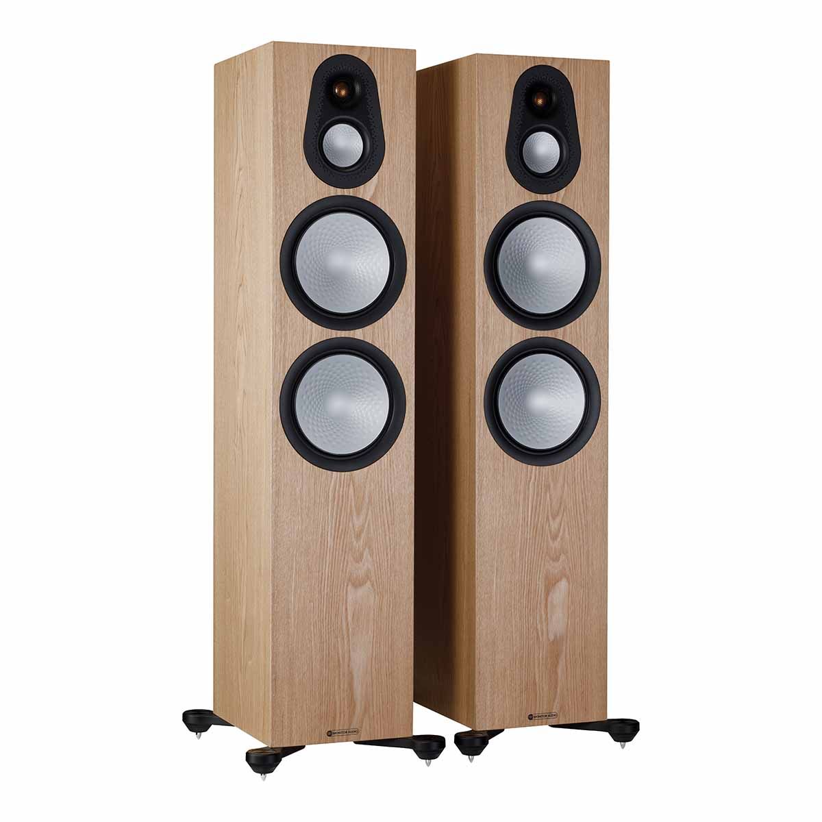 Monitor Audio Silver 500 7G Floorstanding Speakers, Ash, front angle with both grilles off