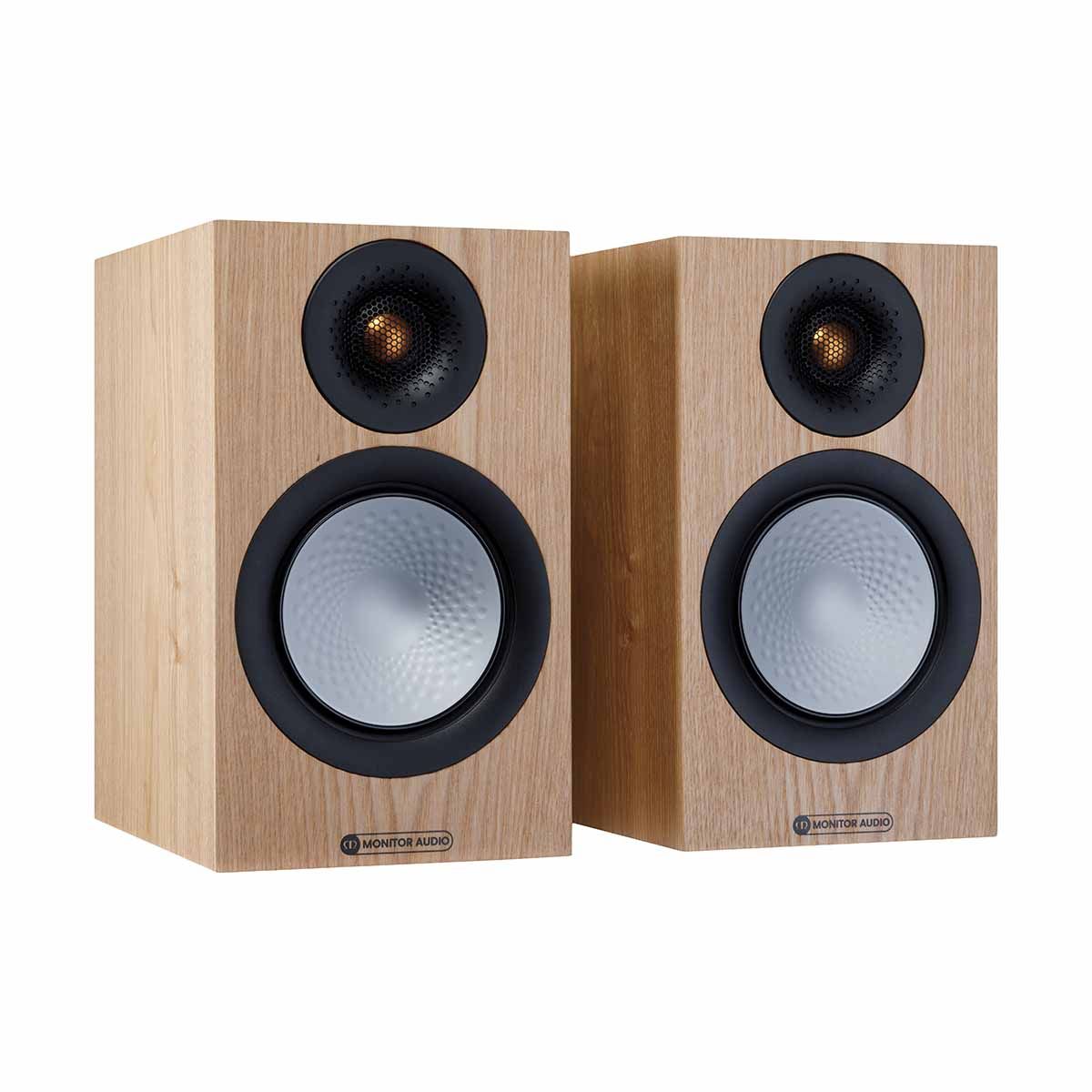 Monitor Audio Silver 50 7G Bookshelf Speakers, Ash, front angle with both grilles off