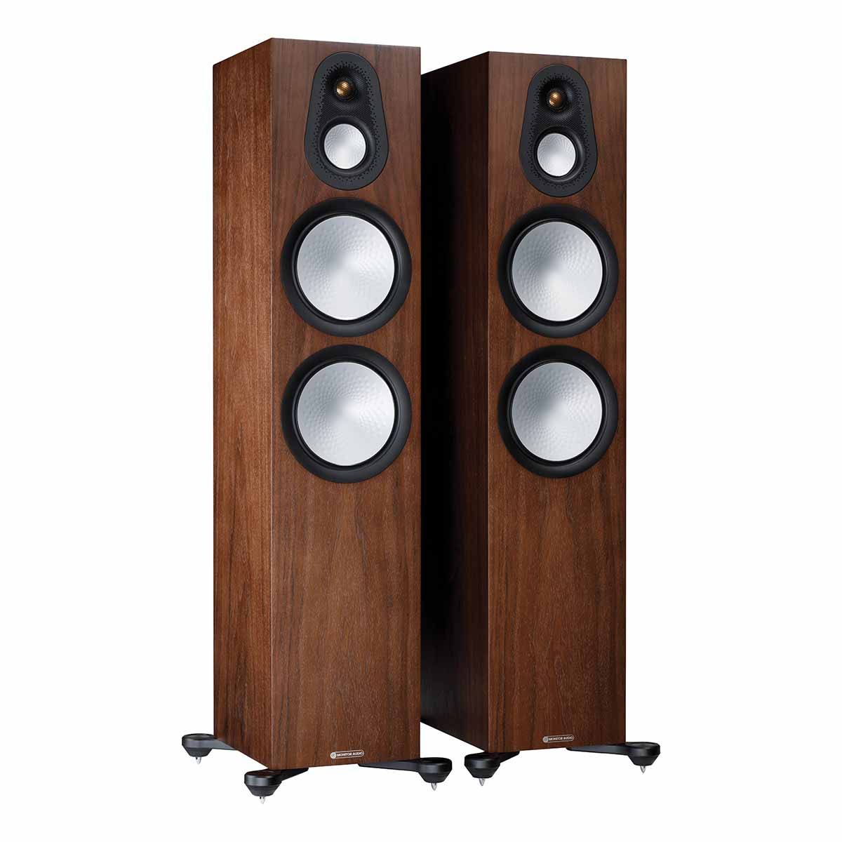 Monitor Audio Silver 500 7G Floorstanding Speakers, Natural Walnut, front angle with both grilles off