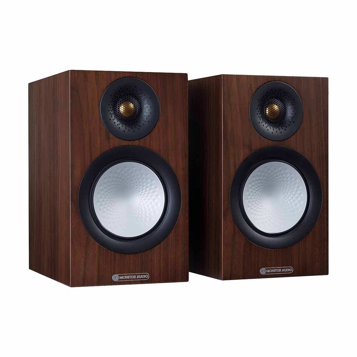 Monitor Audio Silver 50 7G Bookshelf Speakers, Natural Walnut, front angle with both grilles off