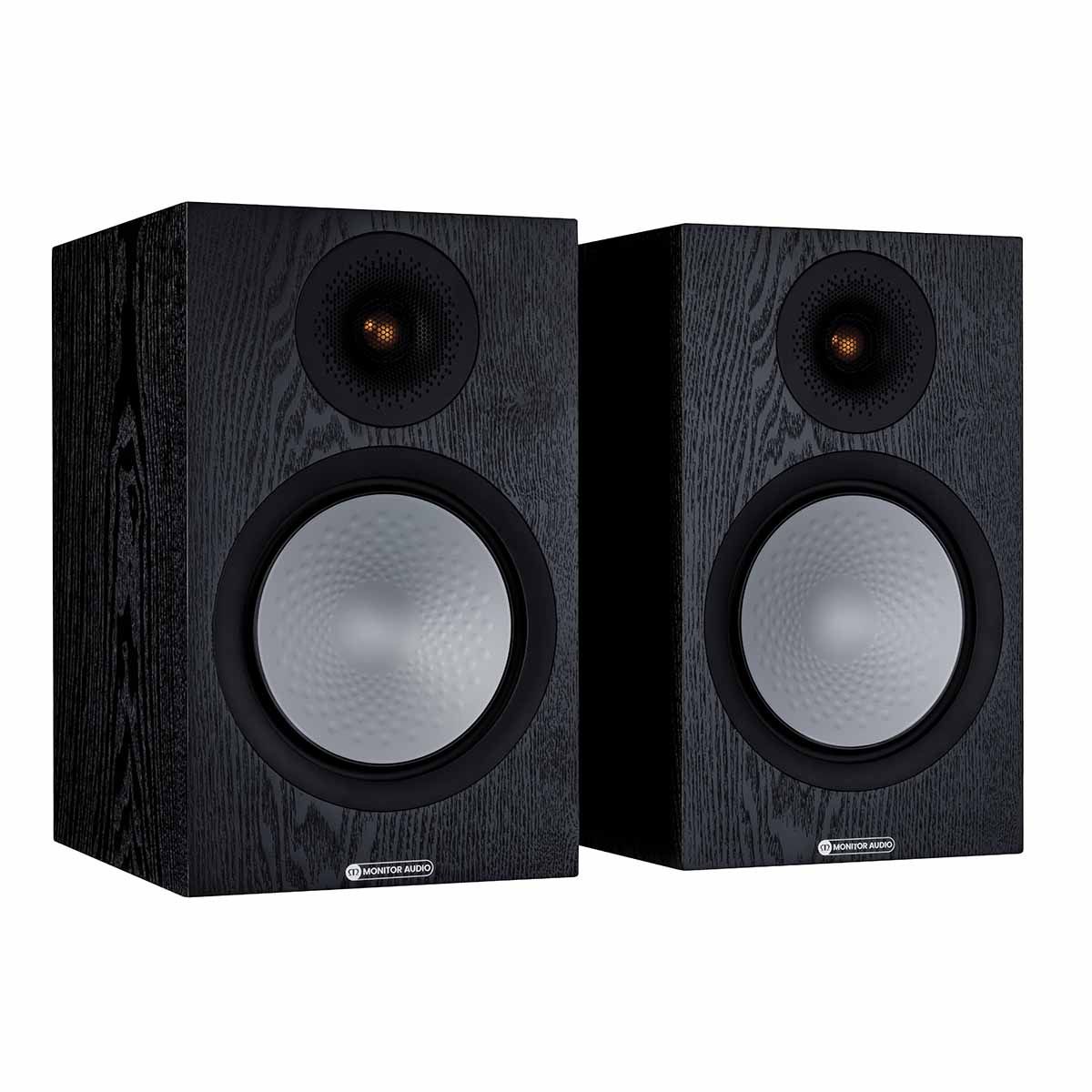 Monitor Audio Silver 100 7G Bookshelf Speakers, Black Oak, front angle with both grilles off