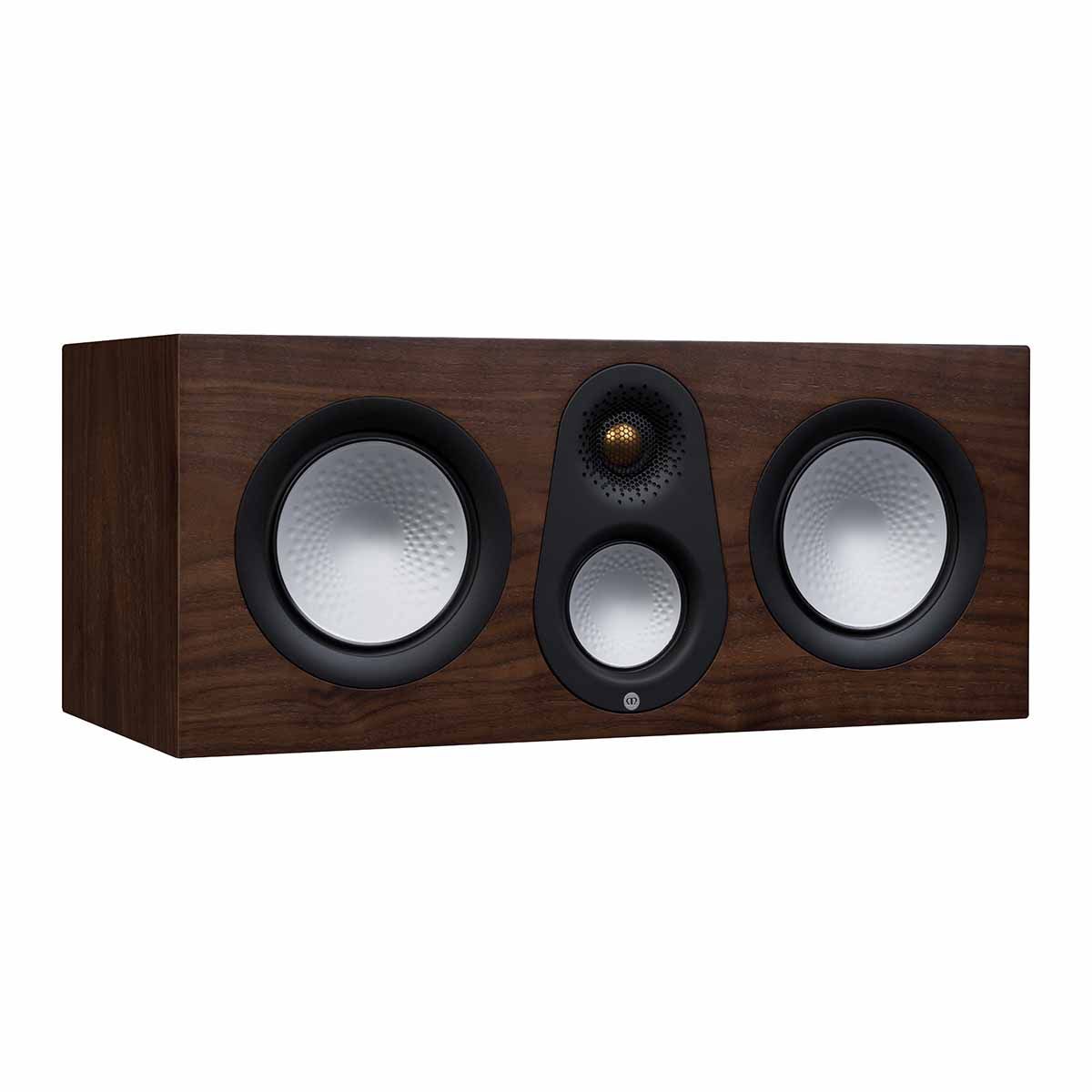 Monitor Audio Silver C250 Center Channel Speaker, Natural Walnut, front angle with grille off
