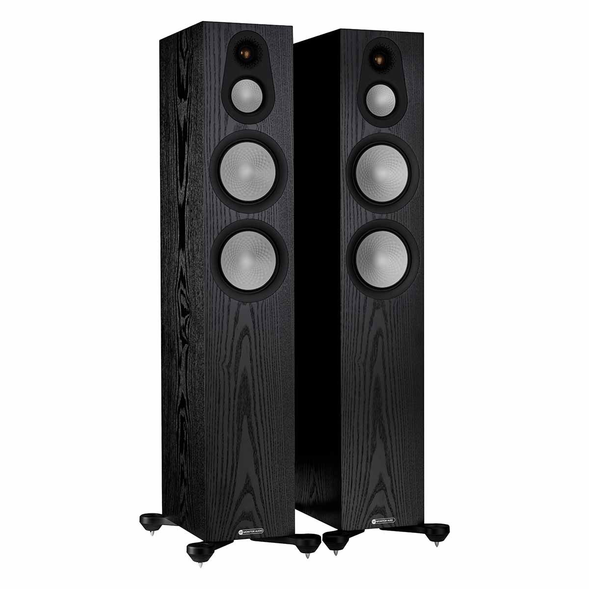 Monitor Audio Silver 300 7G Floorstanding Speakers, Black Oak, front angle with both grilles off