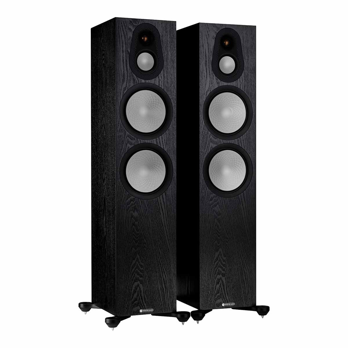 Monitor Audio Silver 500 7G Floorstanding Speakers, Black Oak, front angle with both grilles off